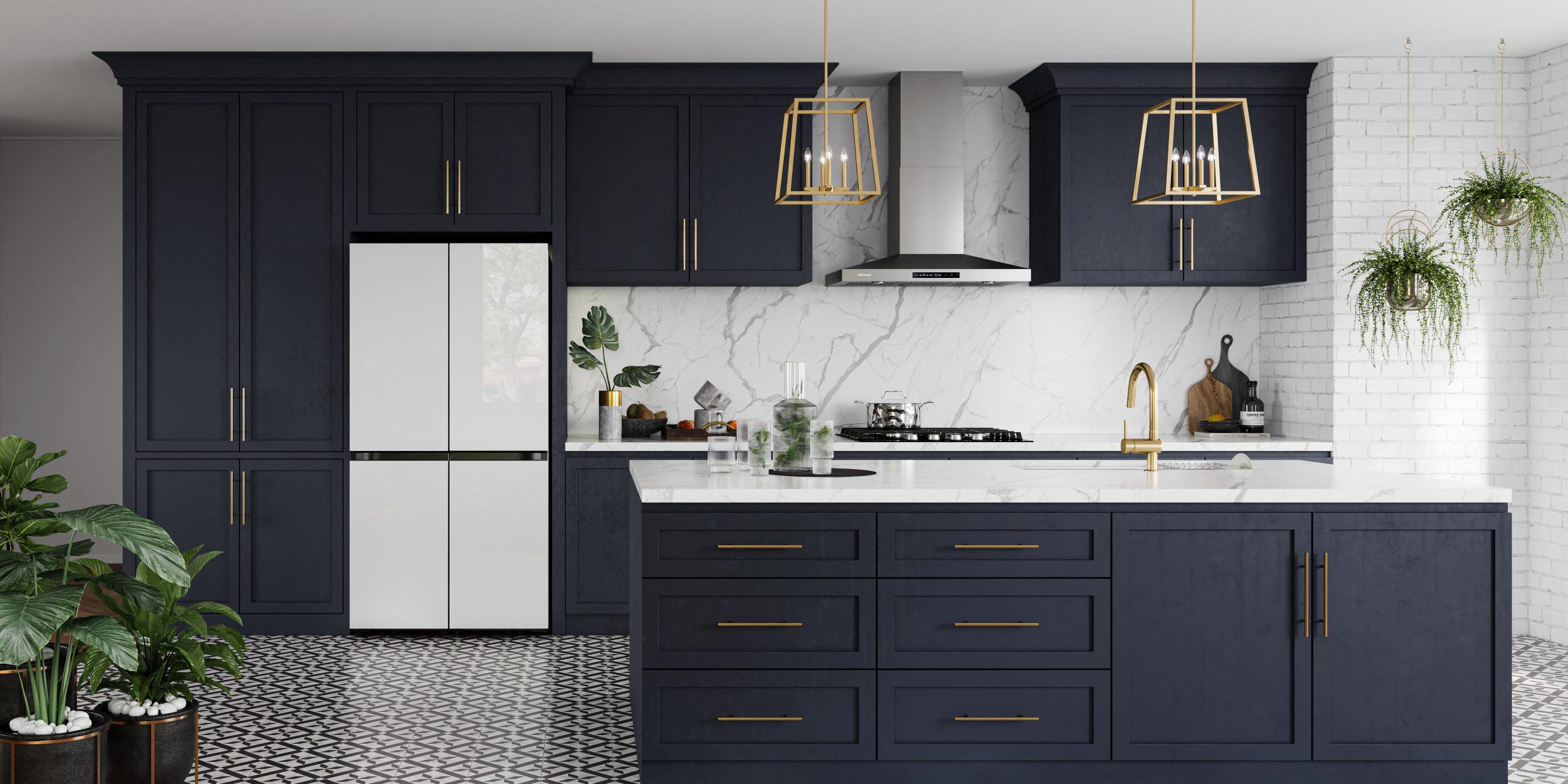 blue cabinets in a luxury kitchen with Samsung Bespoke technology