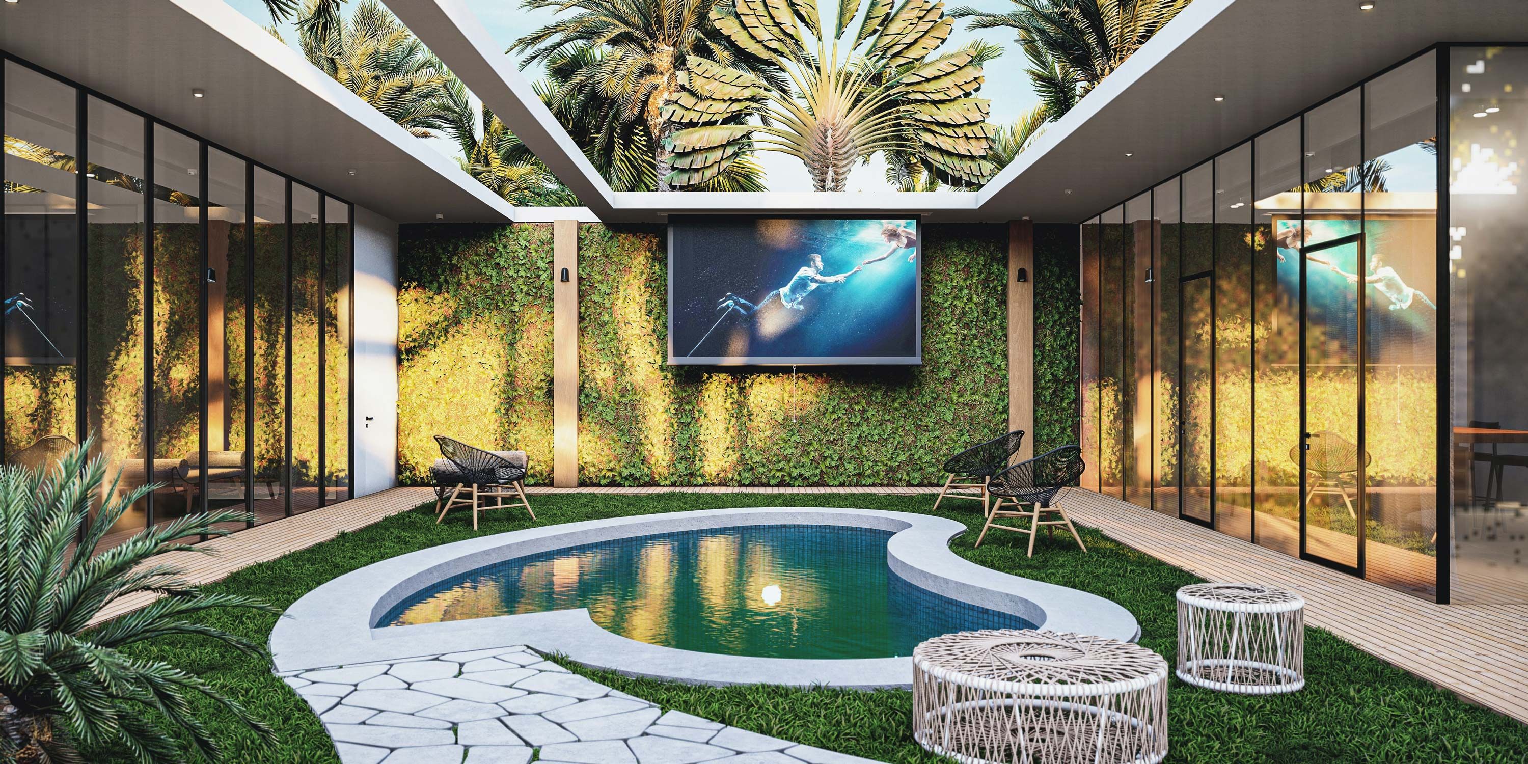 outdoor pool and spa area with tv and lighting